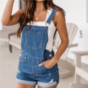 Pink Lily Pinstripe Shorts Overalls XS